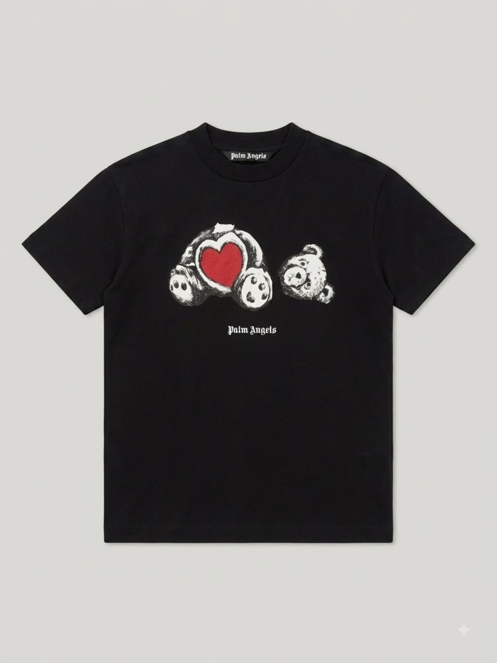 Palm Angels Black Teddy Heart Graphic Tee with Red Heart
